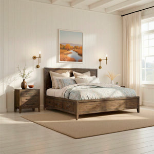 A room setting featuring Norwich Rustic Driftwood Oak Queen Storage Bed