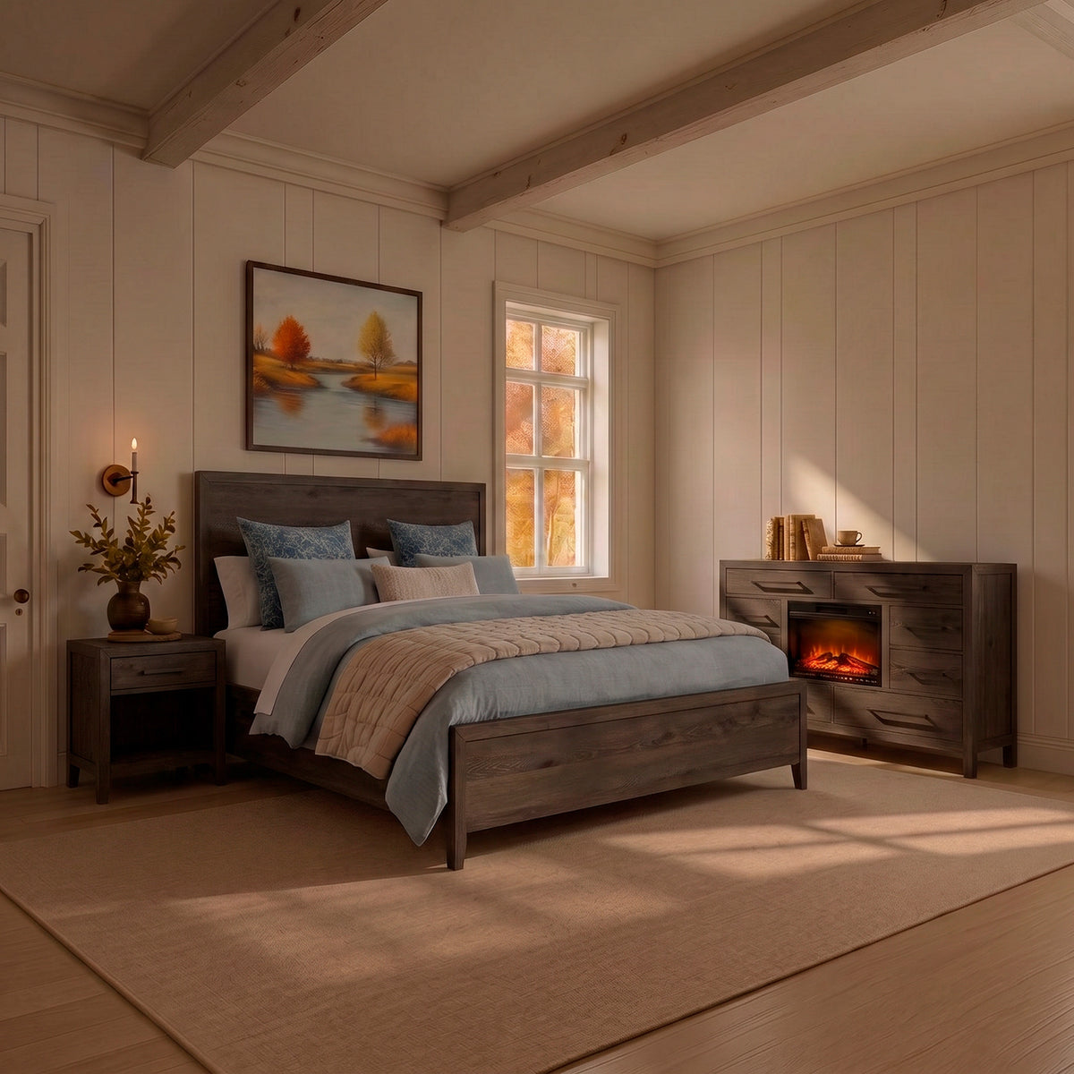 Room setting 2 featuring Norwich Rustic Driftwood Oak King 4 Piece Panel Room Group
