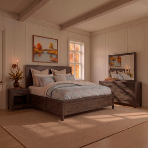 A room setting featuring Norwich Rustic Driftwood Oak King 4 Piece Storage Room Group