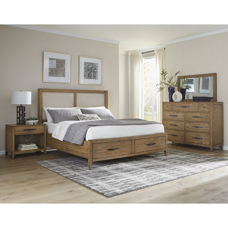 Front right view of Belgium Sandrift 4 Piece King Storage Room Group