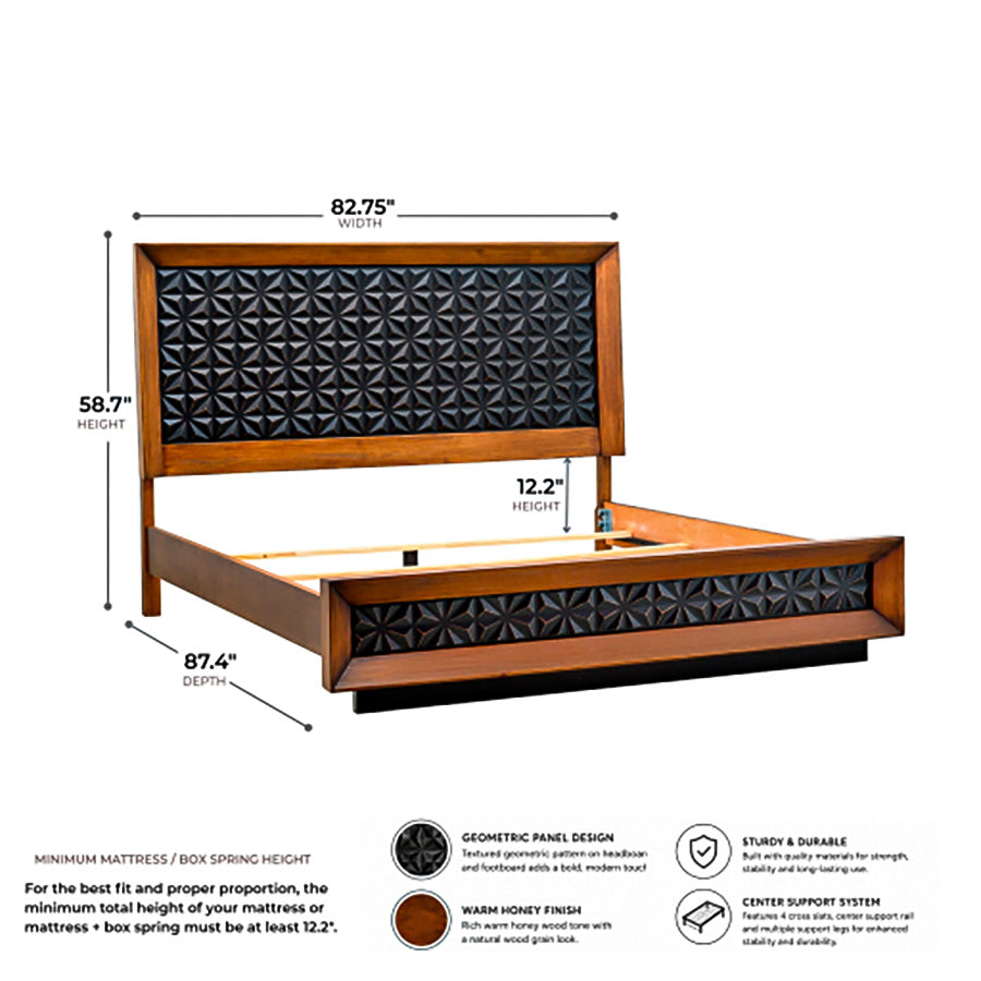 Detail image of Black Diamond Casual Honey King Panel Bed with overlay of product dimensions