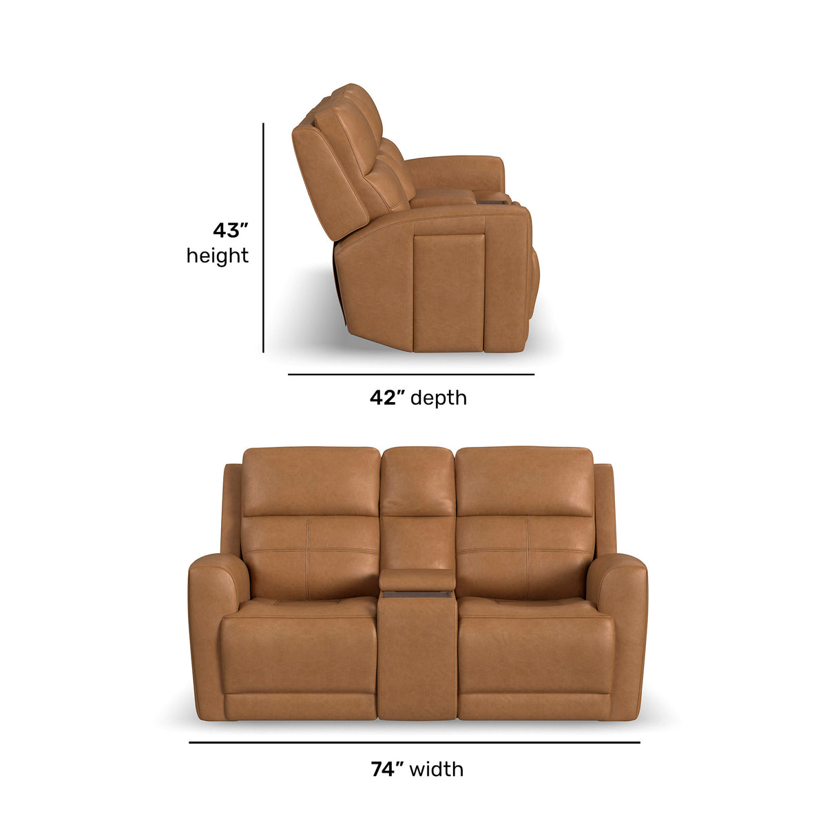 Detail image of Everest Oakridge Power Reclining Console Loveseat with overlay of product dimensions