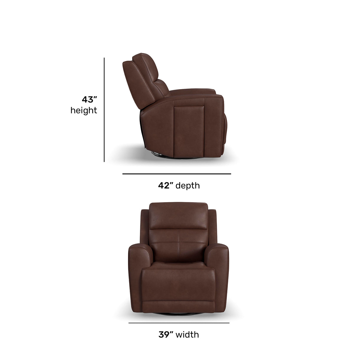 Detail image of Everest Rustic Brown Power Swivel Glider Recliner with overlay of product dimensions