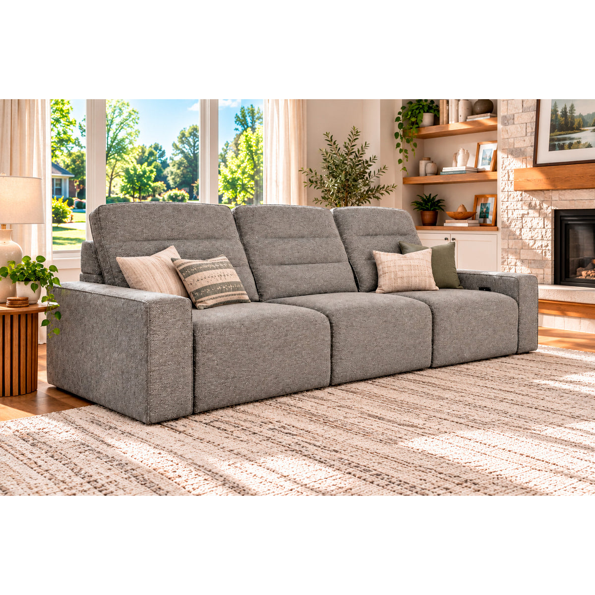 A room setting featuring Duncan Smoke 3 Piece Power Slider Chaise Sleeper Sofa