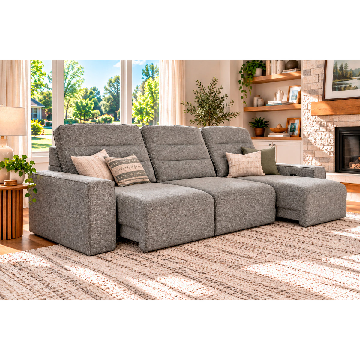 Room setting 2 featuring Duncan Smoke 3 Piece Power Slider Chaise Sleeper Sofa