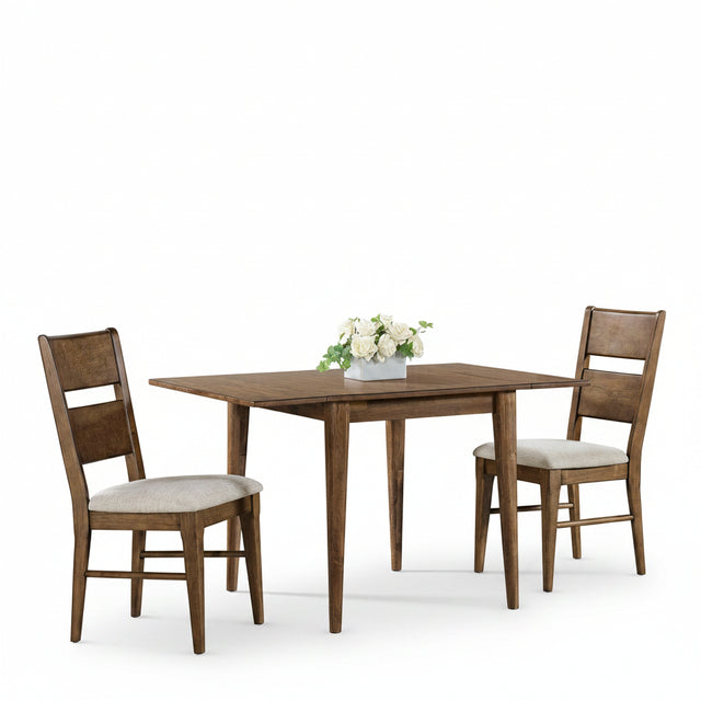 Dining room with wooden table and chairs in a well-lit room.