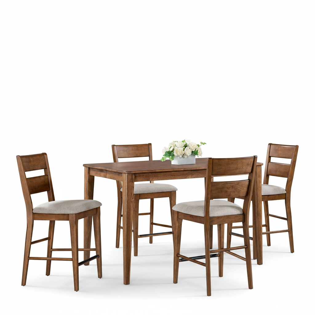 Dining room with wooden table and chairs in a bright room with large windows.