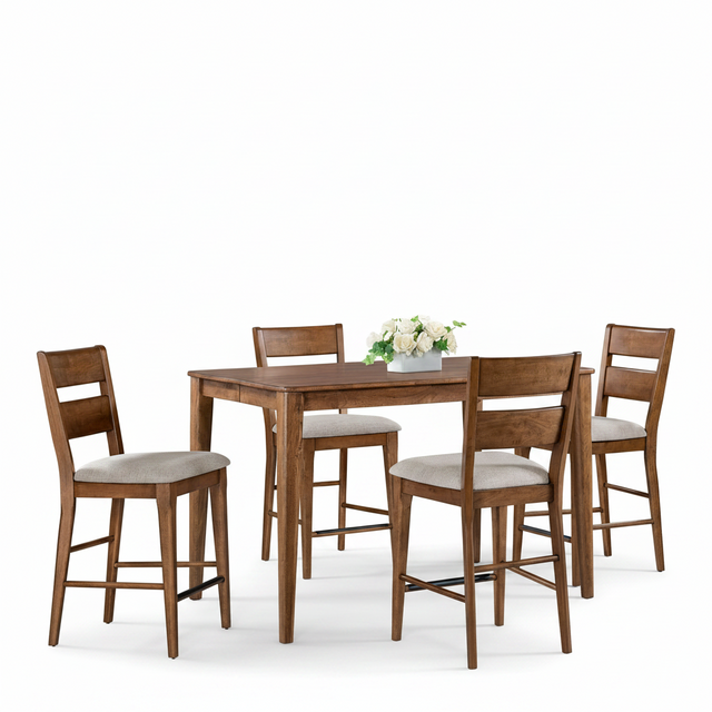 Dining room with wooden table and chairs in a bright room with large windows.
