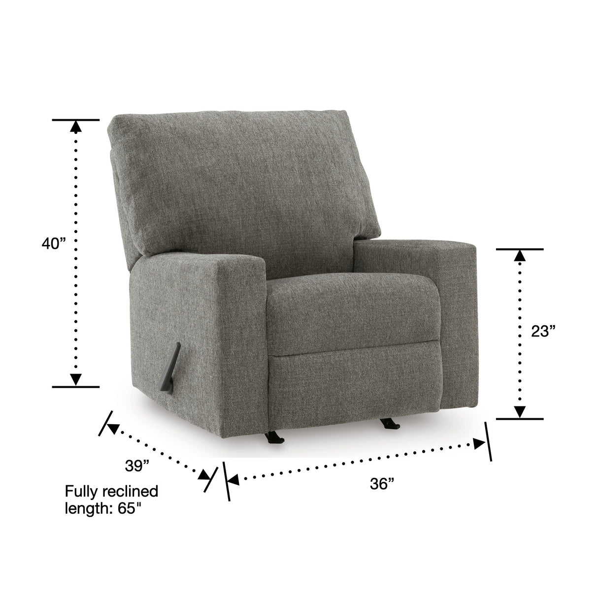 Detail image of Seyler Lane Gray Rocker Recliner with overlay of product dimensions