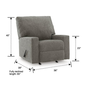 Detail image of Seyler Lane Gray Rocker Recliner with overlay of product dimensions