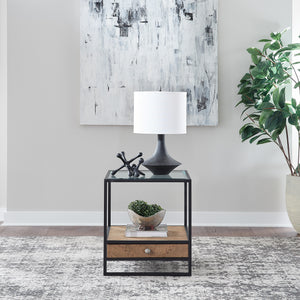 A room setting featuring Bedford Weathered Oak End Table