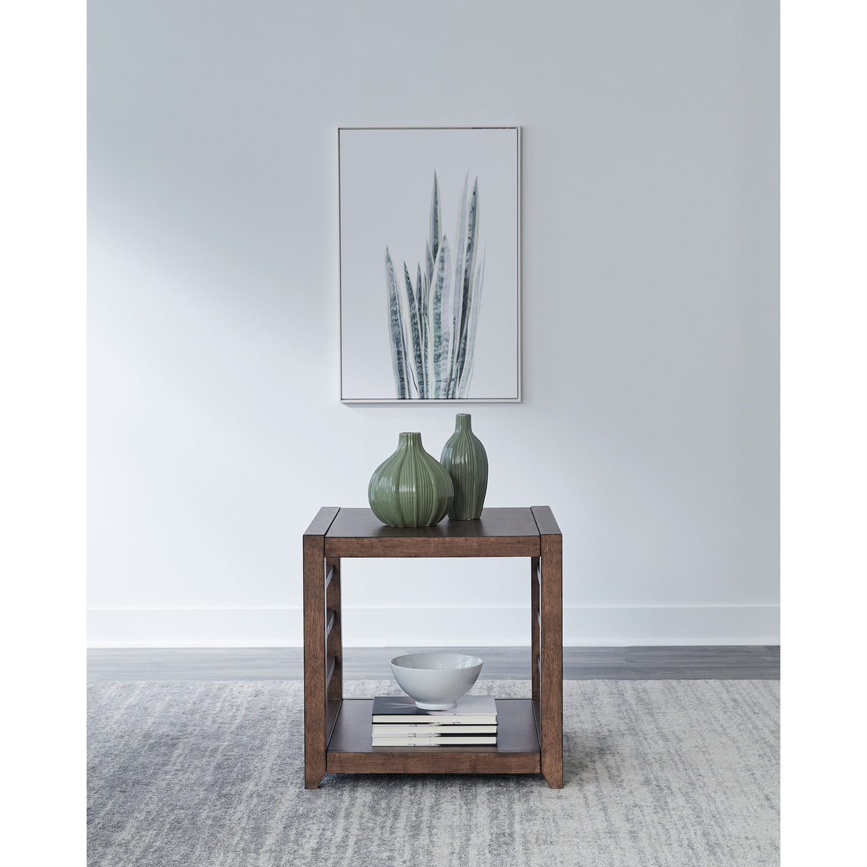 A room setting featuring Shaker Lakes Harvest Brown End Table