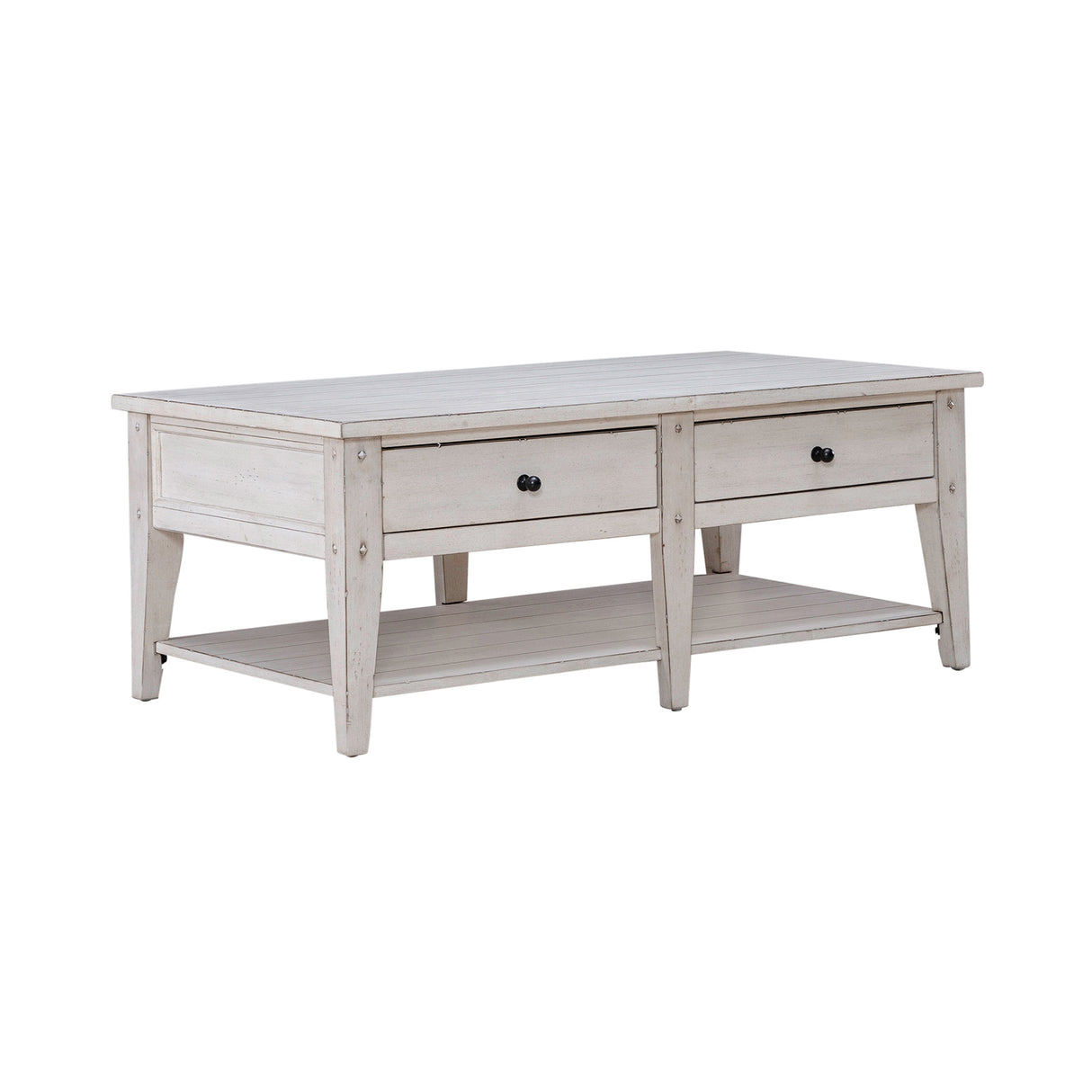 Front right view of Lake House Weathered White Coffee Table