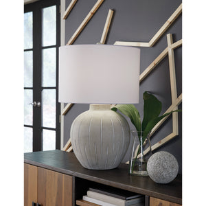 A room setting featuring Medium Lamps (20"-29") Gray Calbert Table Lamp