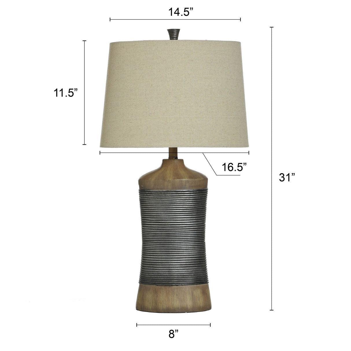 Detail image of Tejas Brown Table Lamp with overlay of product dimensions