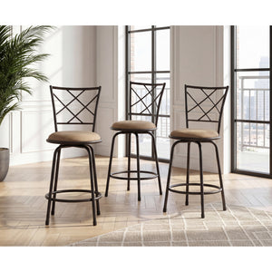 A room setting featuring Nexus Bronze Set of 3 Barstools