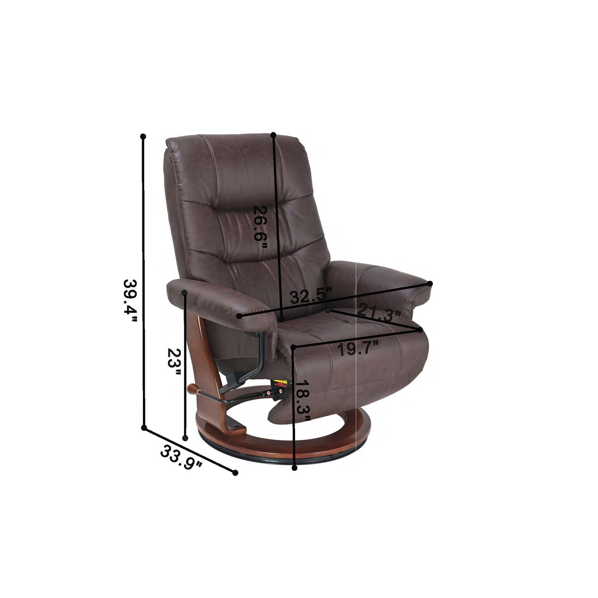 Detail image of Valencia Dark Brown Recliner with Flip Up Footrest with overlay of product dimensions