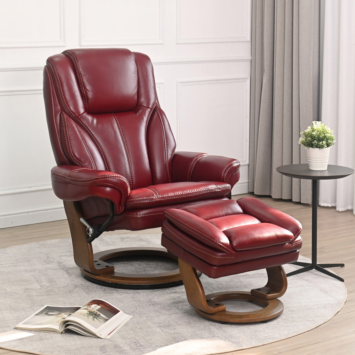 A room setting featuring Hana Ruby Red Recliner with Ottoman
