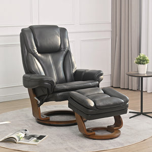 A room setting featuring Hana Charcoal Recliner with Ottoman