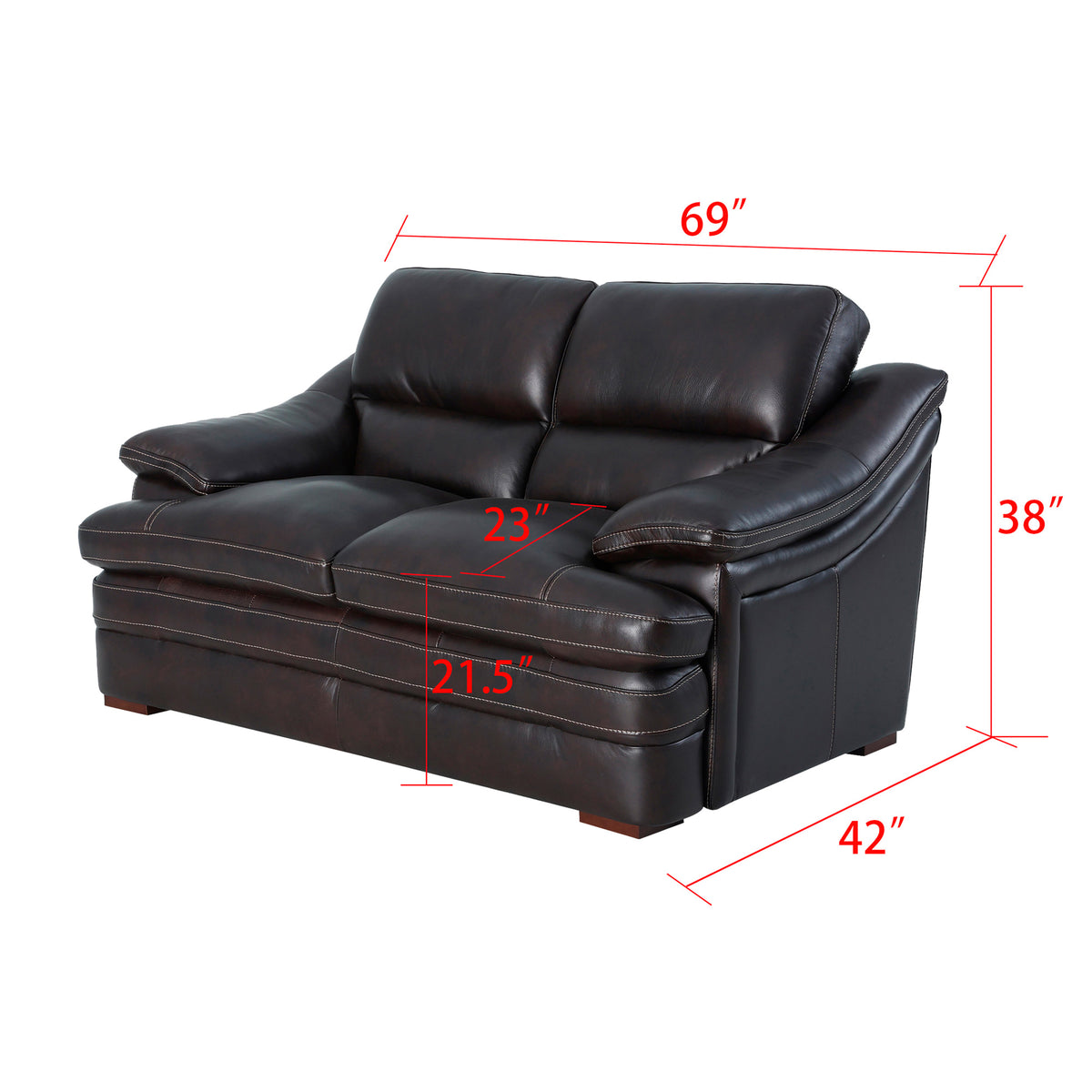 Detail image of Ellsworth Dark Brown Loveseat with overlay of product dimensions
