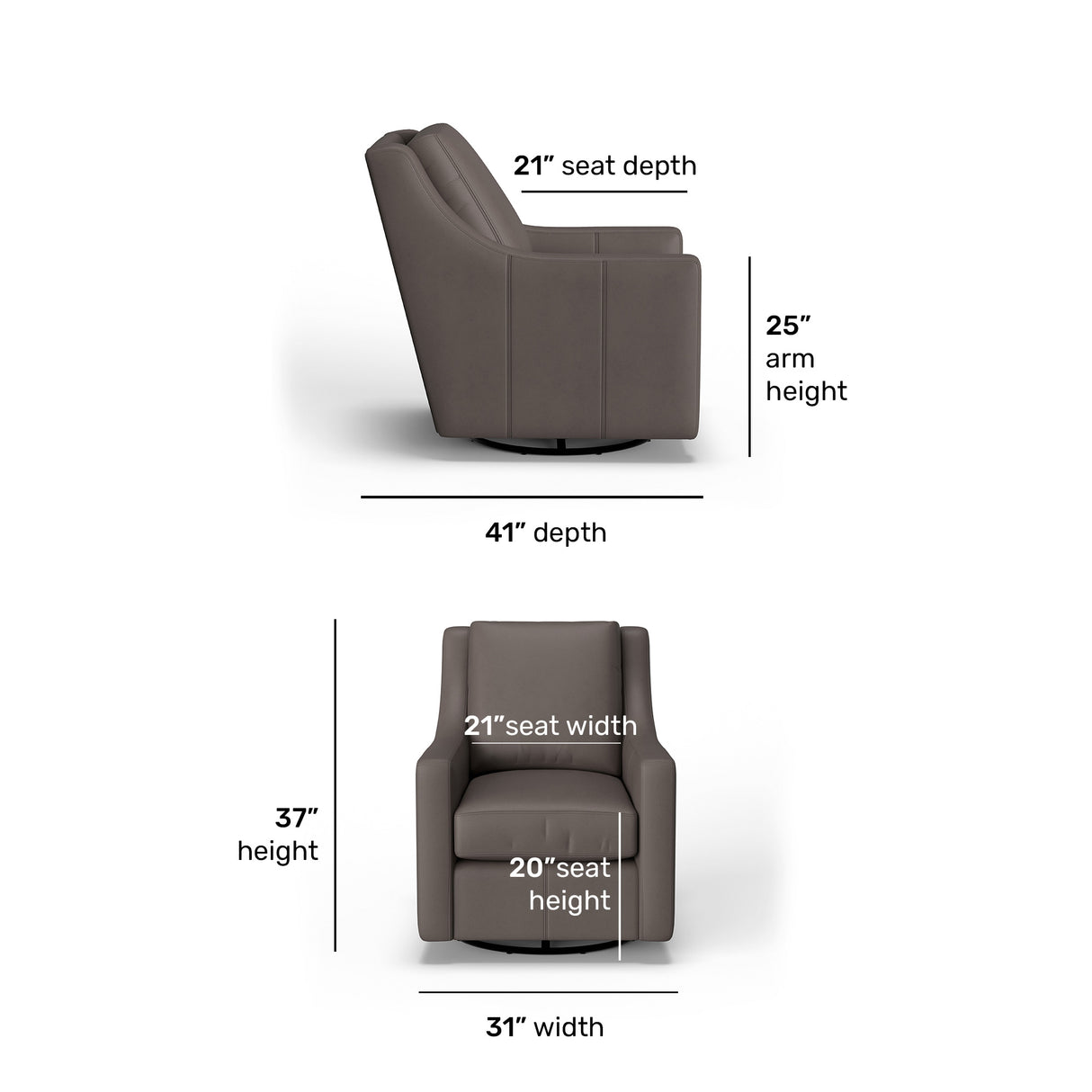 Detail view of Murph Dark Stone Leather Swivel Glider