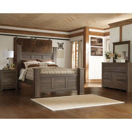 A room setting featuring Juararo 4 Piece Dark Brown Queen Poster Room Group