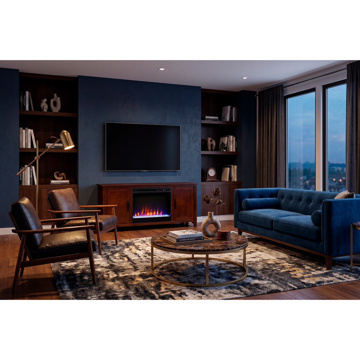 A room setting featuring Prescott Rosewood Fireplace Console