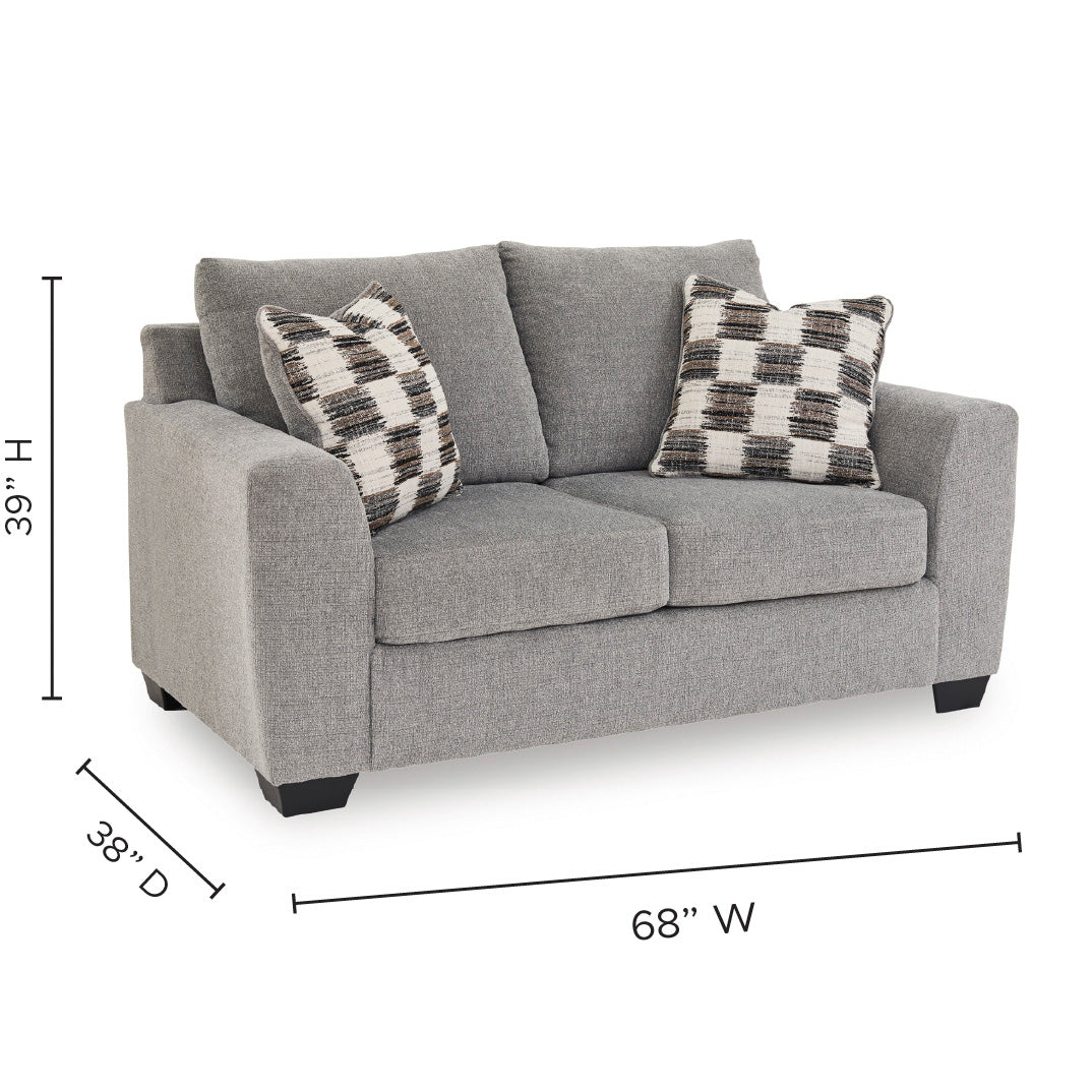 Detail image of Loreo Flint Loveseat with overlay of product dimensions