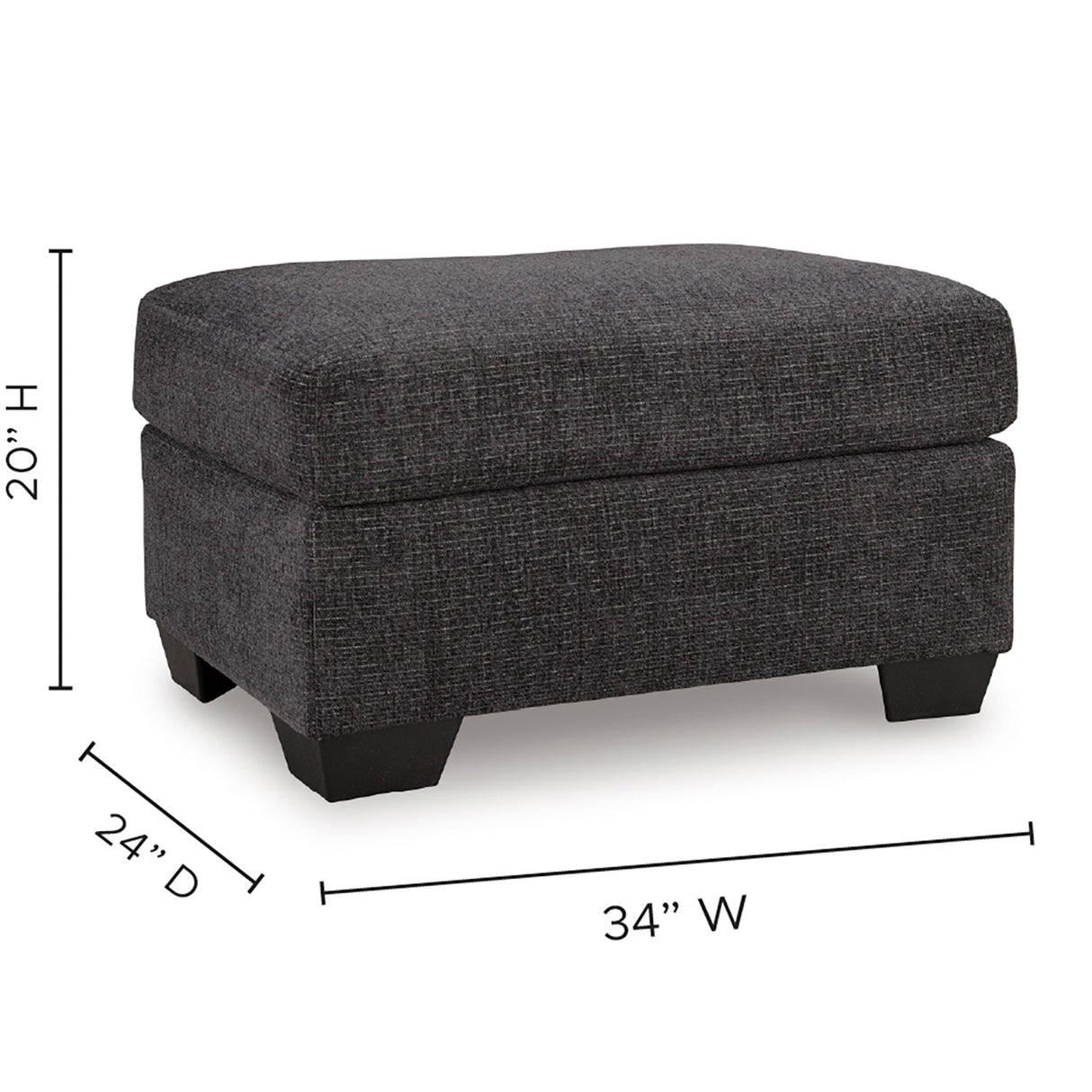 Detail image of Loreo Ebony Ottoman with overlay of product dimensions