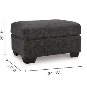 Detail image of Loreo Ebony Ottoman with overlay of product dimensions