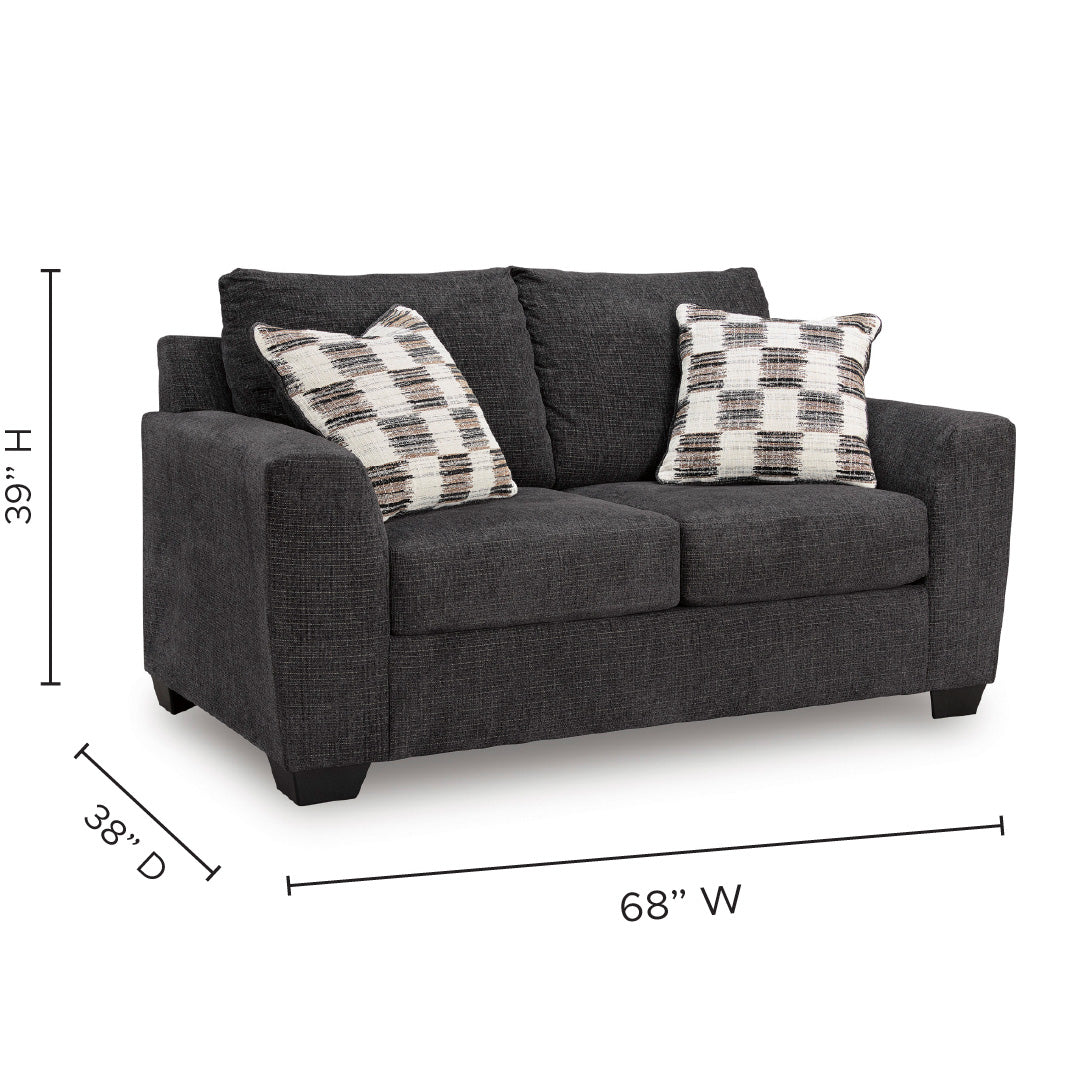 Detail image of Loreo Ebony Loveseat with overlay of product dimensions