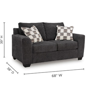 Detail image of Loreo Ebony Loveseat with overlay of product dimensions