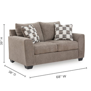 Detail image of Loreo Truffle Loveseat with overlay of product dimensions