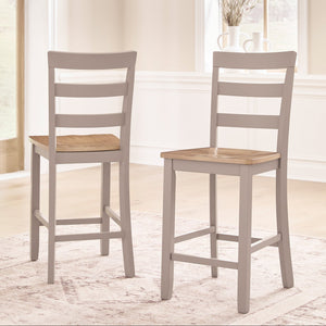 Two wooden bar stools with gray frames and wooden seats in a room with large windows.