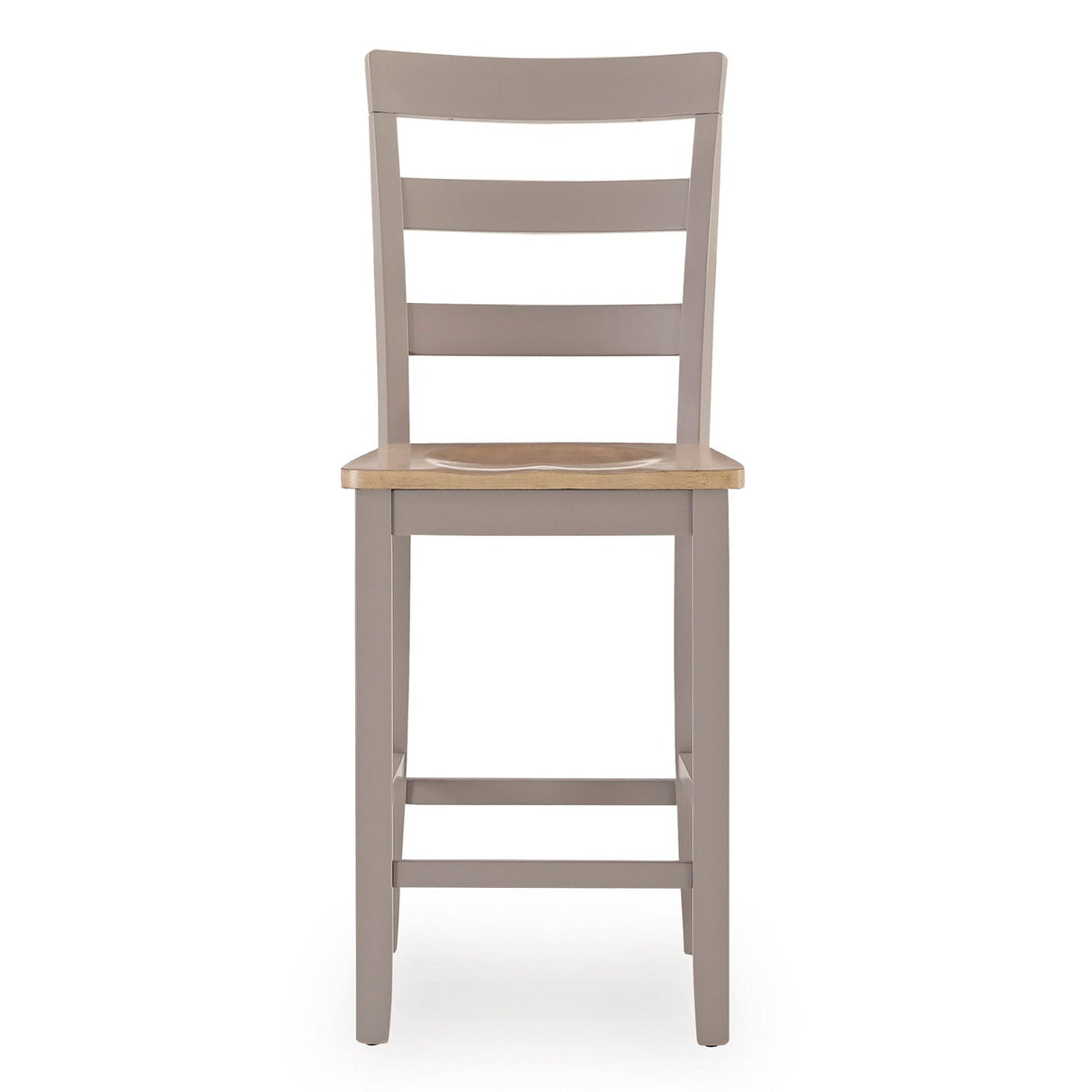 Wooden bar stool with a grayish-brown seat and backrest on a white background