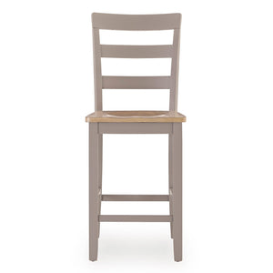Wooden bar stool with a grayish-brown seat and backrest on a white background