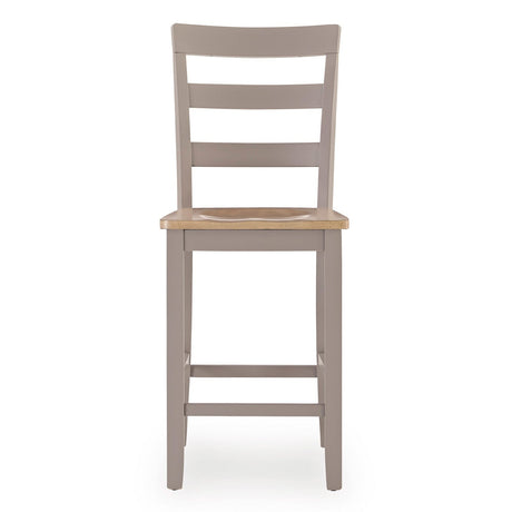 Wooden bar stool with a grayish-brown seat and backrest on a white background