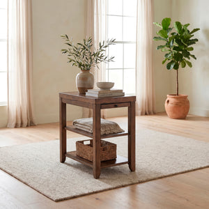 A room setting featuring Mitchell Nutmeg Chairside Table