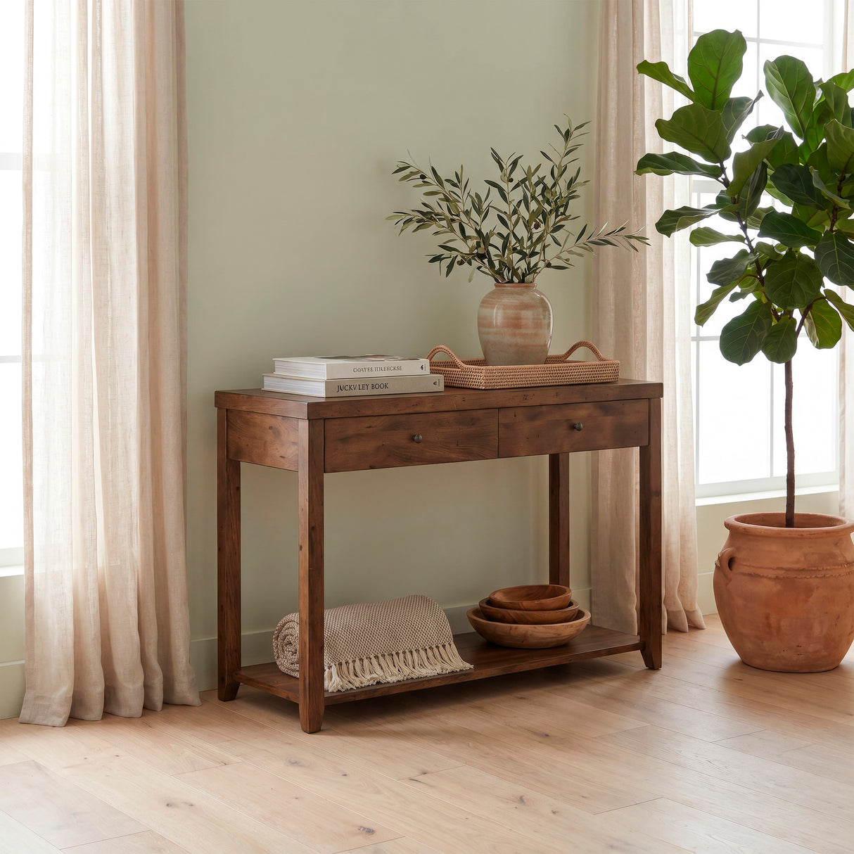 A room setting featuring Mitchell Nutmeg Sofa Table