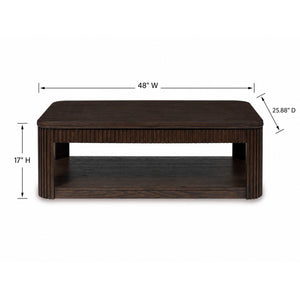 Detail image of Carlibrie Warm Brown Lift Top Coffee Table with overlay of product dimensions