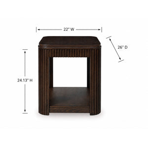 Detail image of Carlibrie Warm Brown Rectangular End Table with overlay of product dimensions
