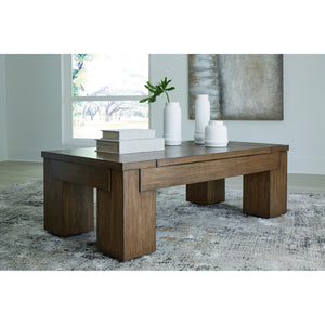 A room setting featuring Rosswain Warm Brown Lift Top Coffee Table
