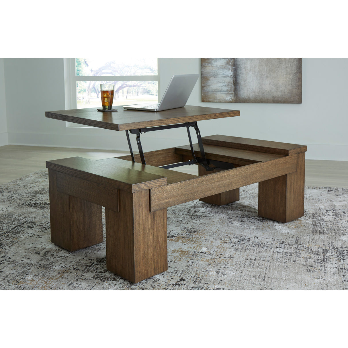 Room setting 2 featuring Rosswain Warm Brown Lift Top Coffee Table