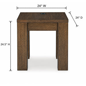 Detail image of Rosswain Warm Brown Square End Table with overlay of product dimensions