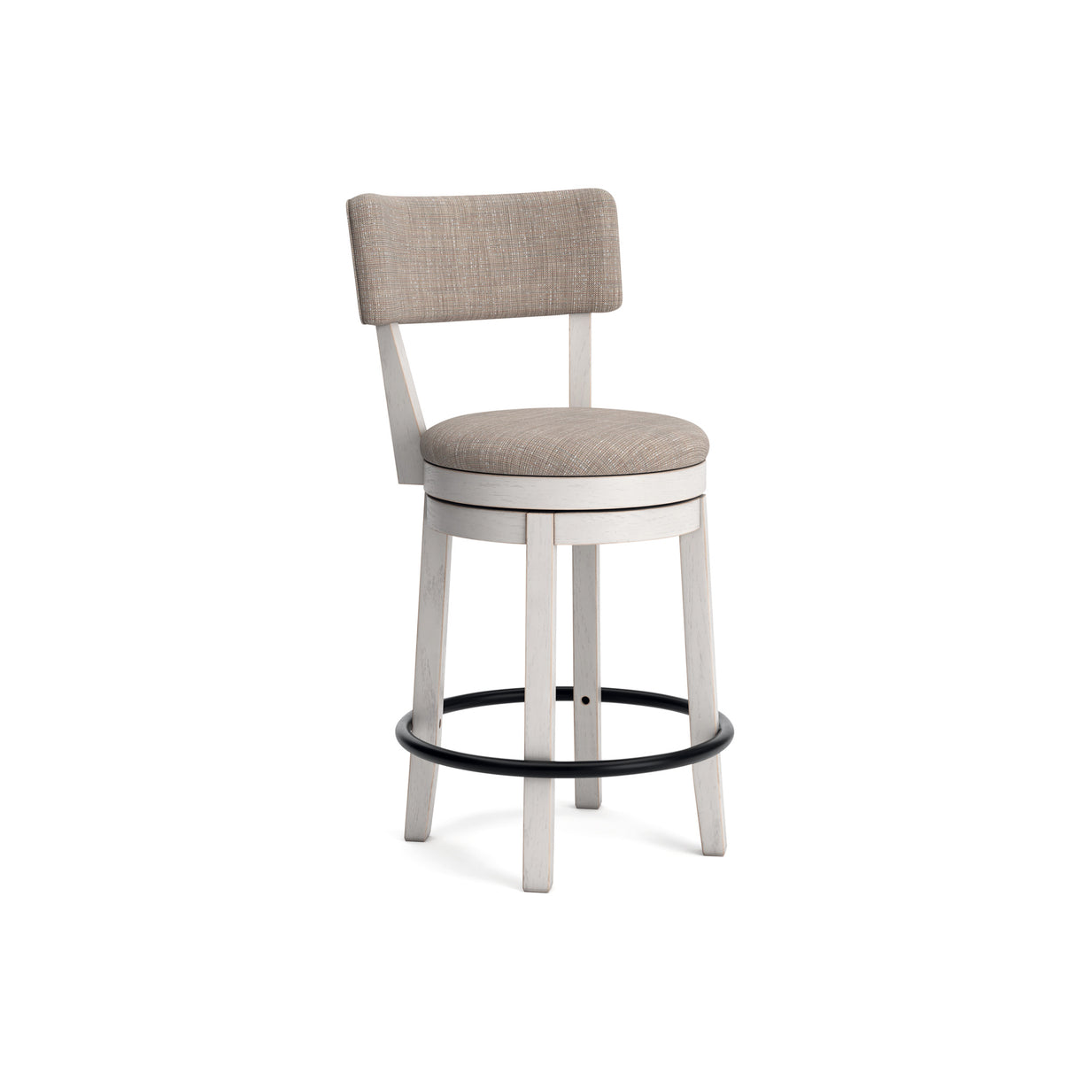 Front right view of Robbinsdale Antique White Upholstered Swivel Open Back Counter Stool