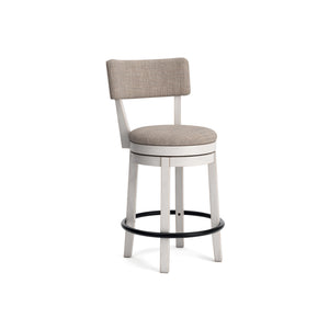 Front right view of Robbinsdale Antique White Upholstered Swivel Open Back Counter Stool