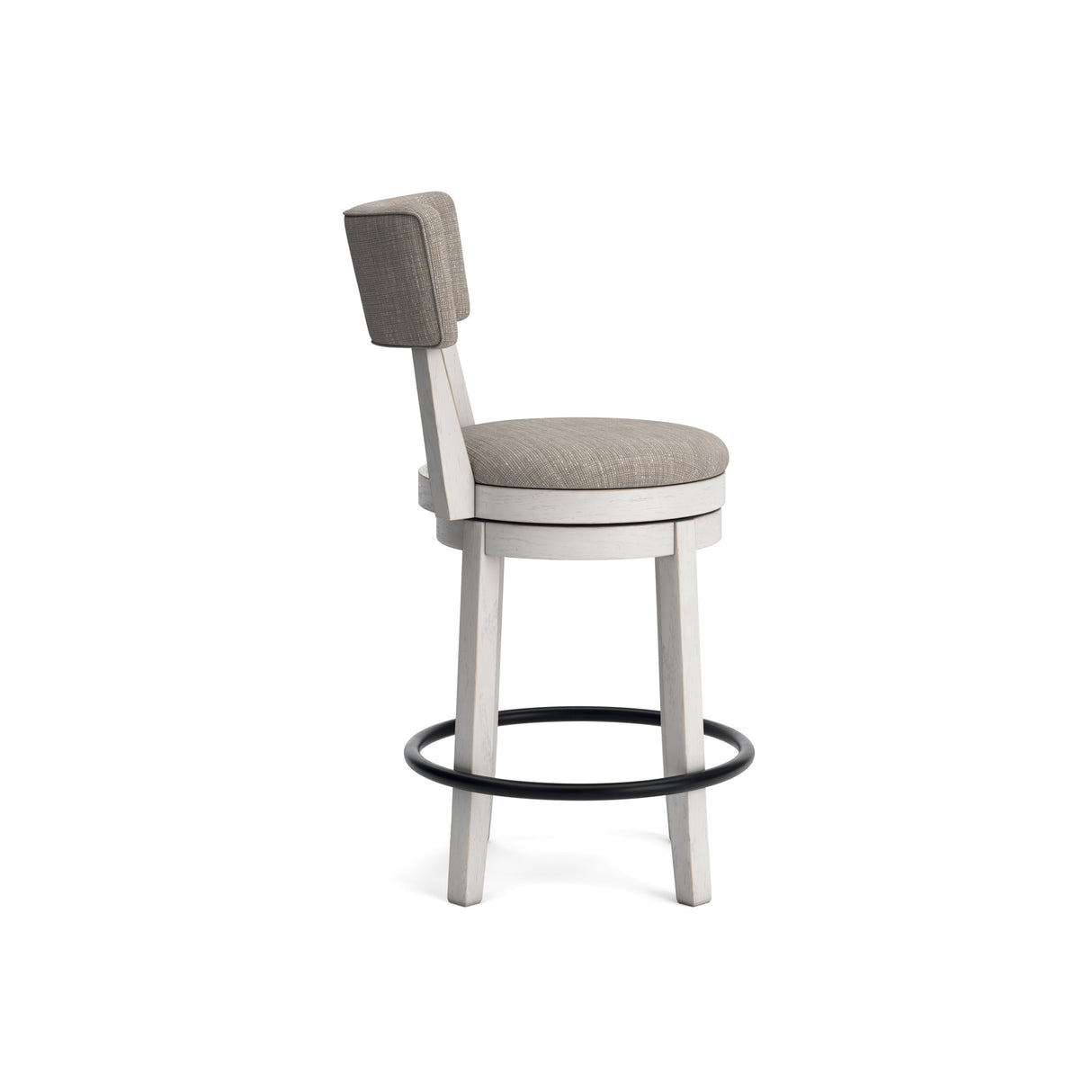 Side view of Robbinsdale Antique White Upholstered Swivel Open Back Counter Stool