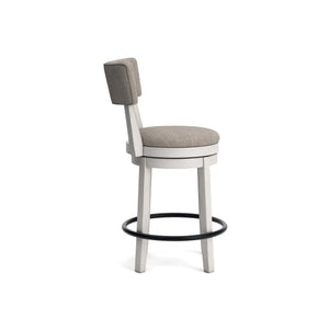 Side view of Robbinsdale Antique White Upholstered Swivel Open Back Counter Stool