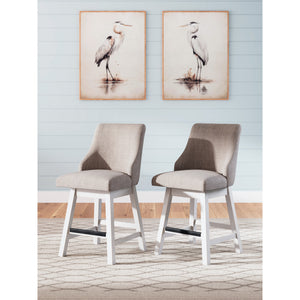 A room setting featuring Robbinsdale Antique White Upholstered Swivel Counter Stool