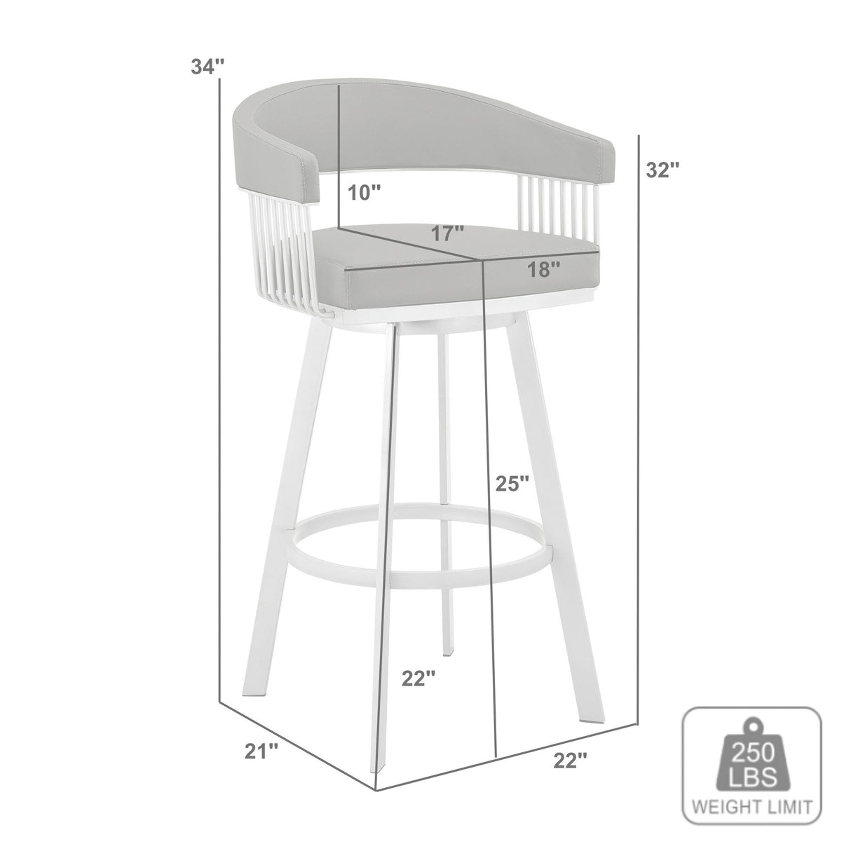 Detail image of Chelsea Vintage Gray Swivel Counter Stool with overlay of product dimensions